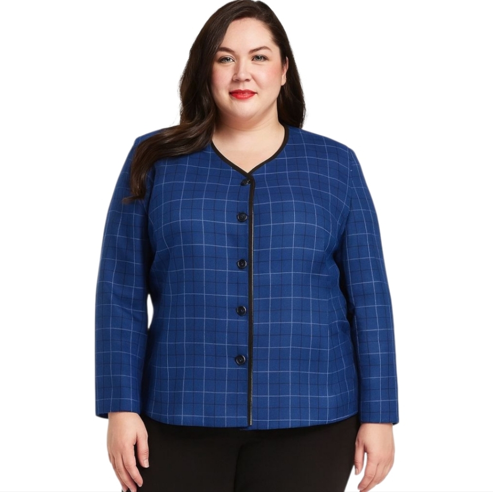 Vintage Pendleton Blue And Black Plaid Wool Blend Leather‎ Trim Blazer